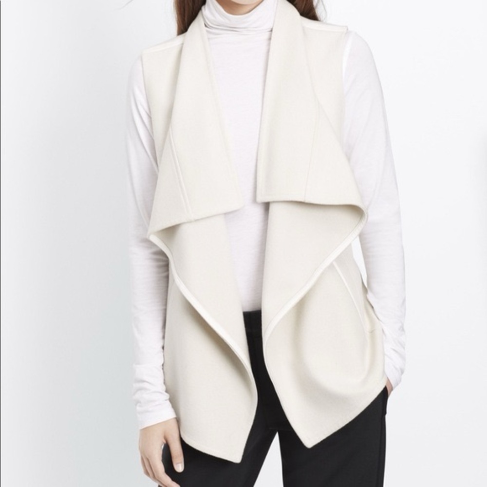 Vince Sz S Cream Off White Cascade Open From Leather Trim Sleeveless Jacket